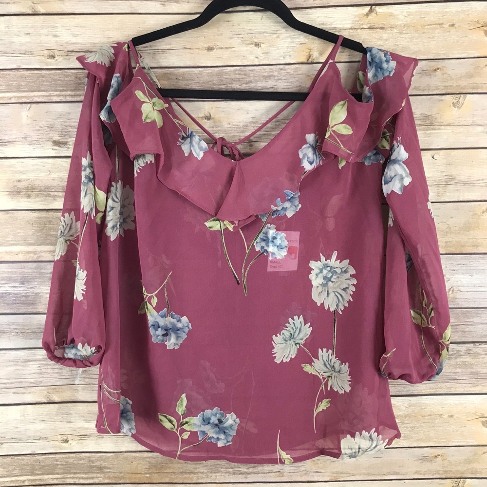 Soprano Top Womens S Purple Floral Blouse Cold Shoulder Ruffles Semi Sheer Woven